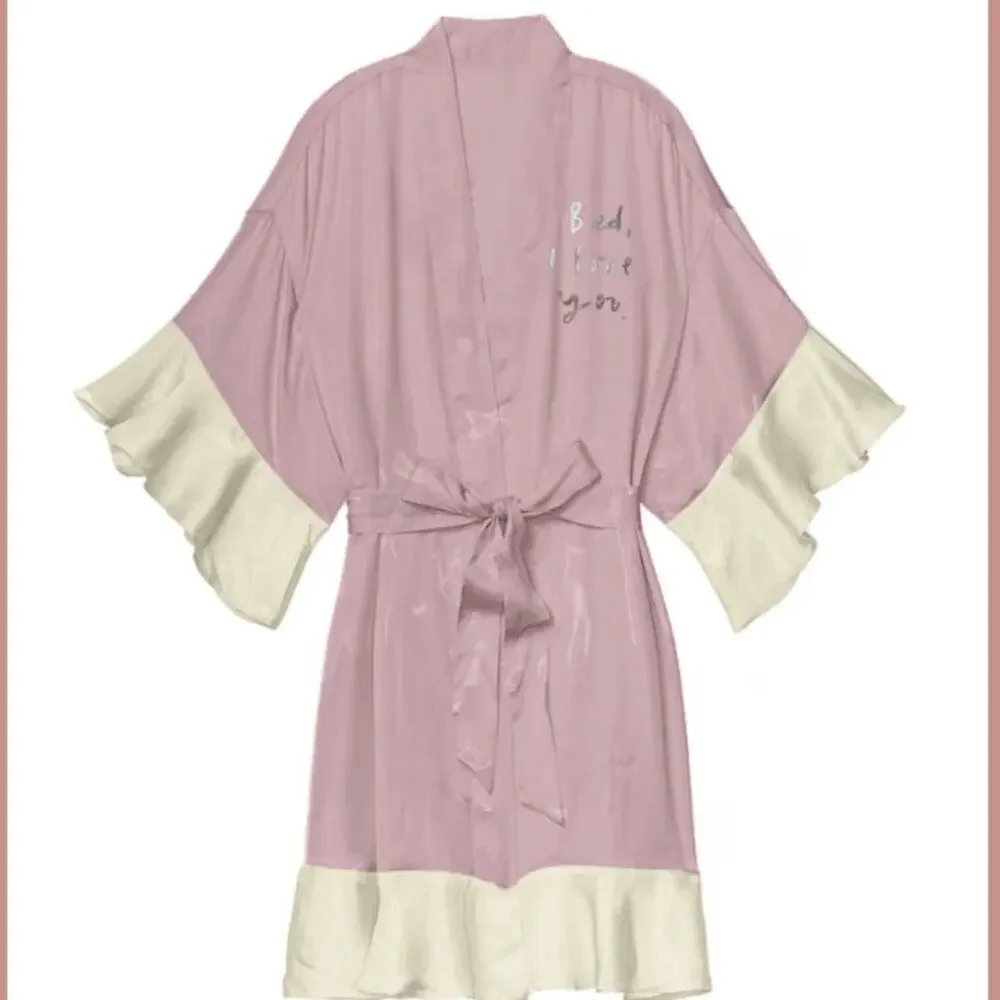 NEW Viola Vann Pink Satin Silky Tie Waist Robe "Bed I Love You" - Picture 2 of 5